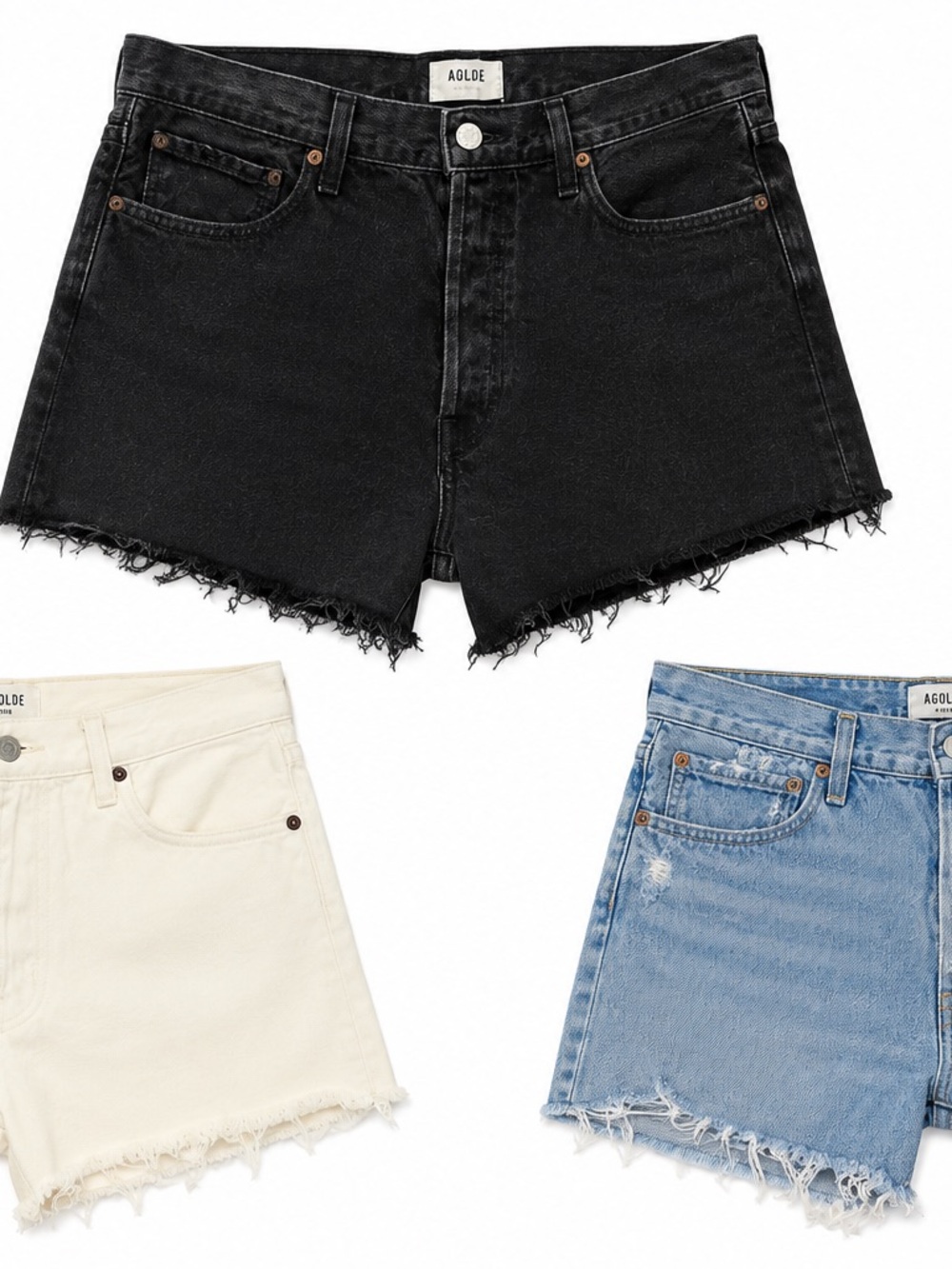 Lot of 3 Agolde Parker Long Black, Cream & Light Blue Cutoff Jean Shorts Size 32